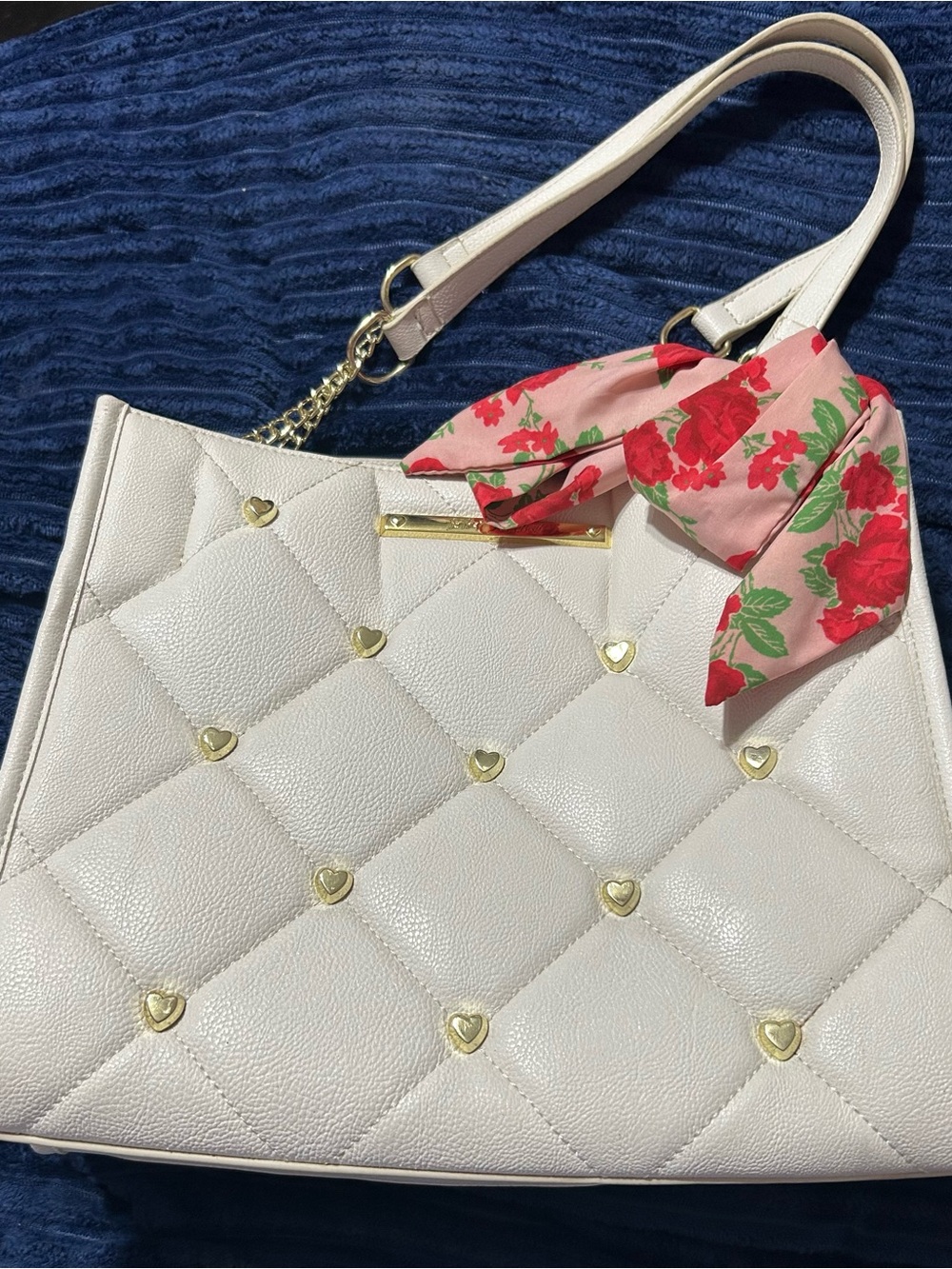 Betsey Johnson White Quilted Shoulder Bag with Pink Floral Scarf